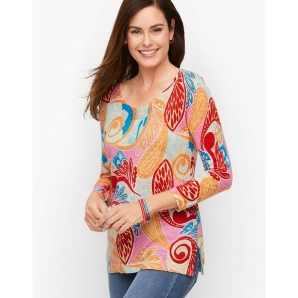 NEW Talbots Jungle Paisley V Neck Sweater Women's Size XL‎ Petite  100% Cotton